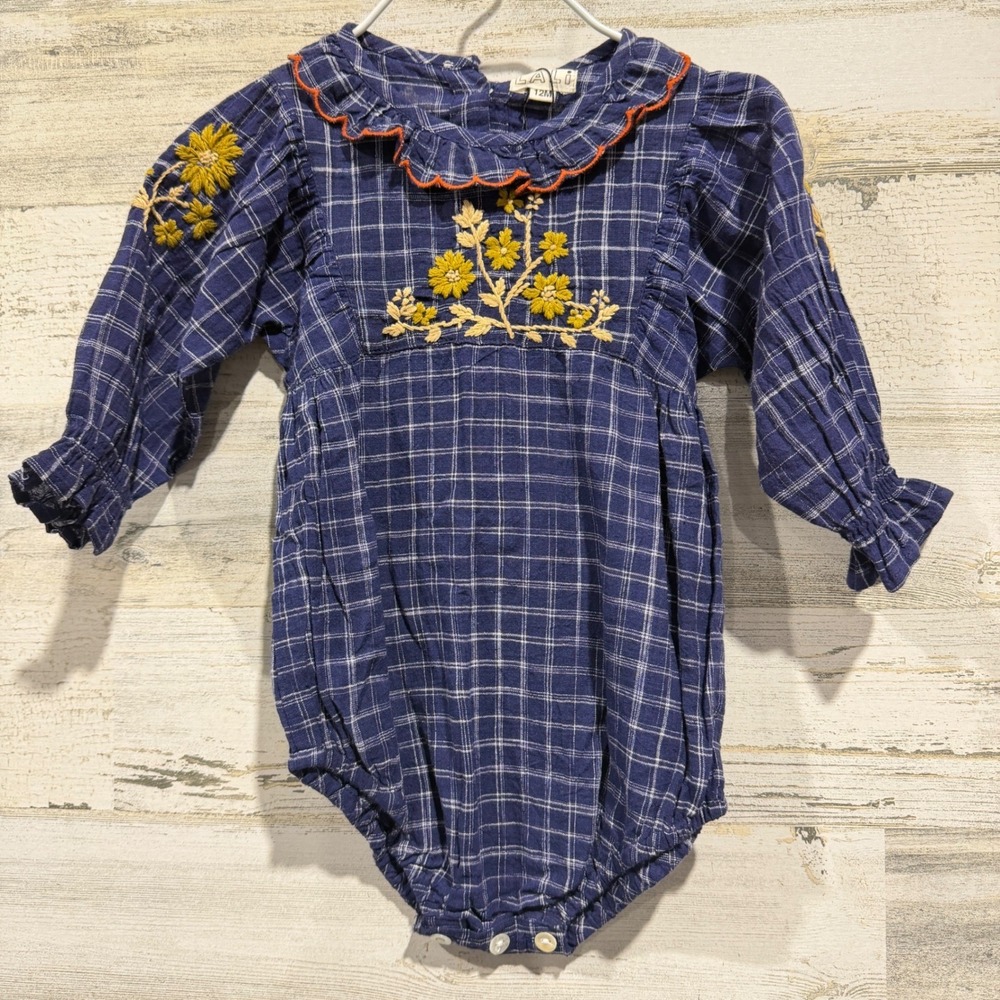 Lali Embroidered Bubble Romper Girls 24M Blue Plaid Floral NWT *Flawed